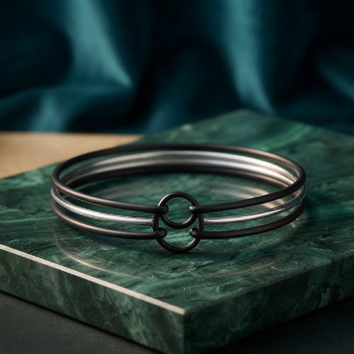 Black & Silver Double Line Minimalist Bangle Bracelet