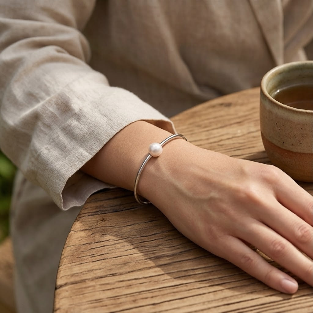 Minimal Pearl Accent Cuff Bracelet