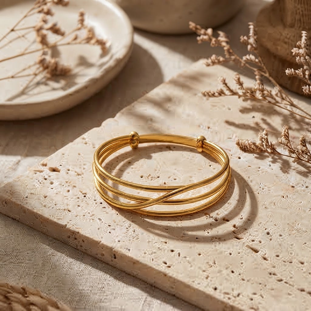 Triple Layer Minimalist Gold Cuff Bracelet